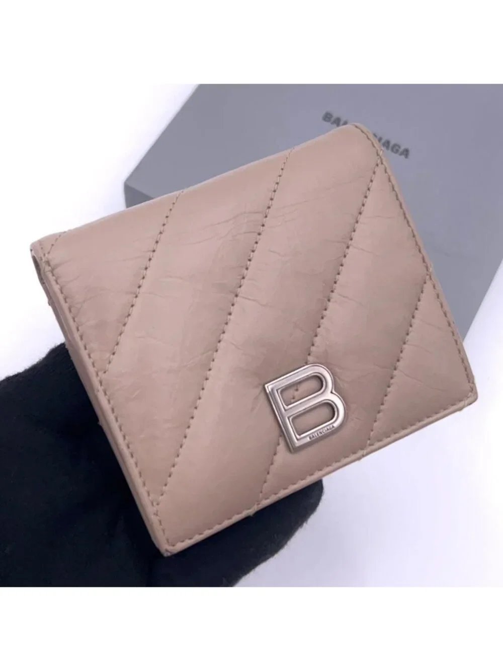 Balenciaga Crush Bifold Wallet Leather Beige Quilted